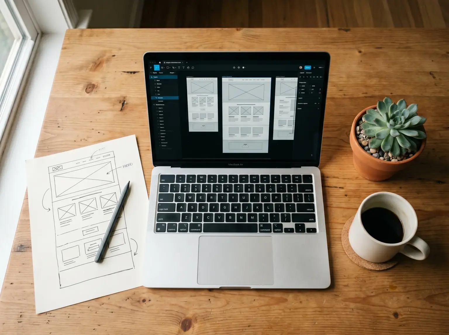 Hand-drawn website wireframe on paper beside a laptop showing wireframes in a design tool