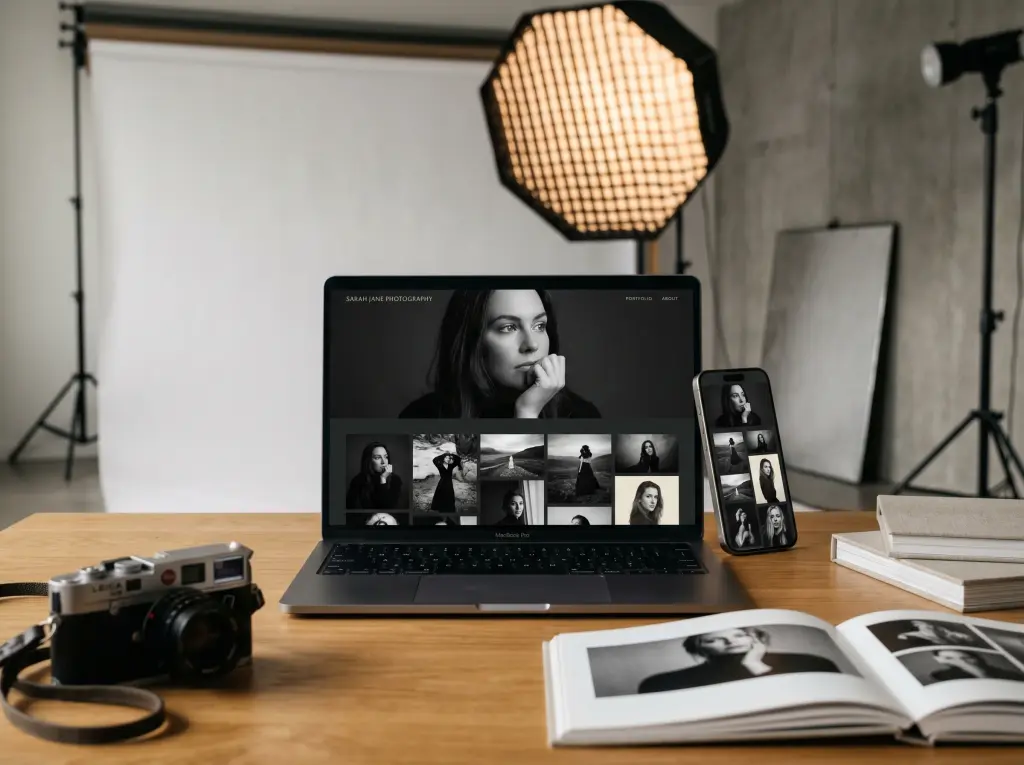 Black-and-white photography portfolio website on a laptop and a phone in a photo studio