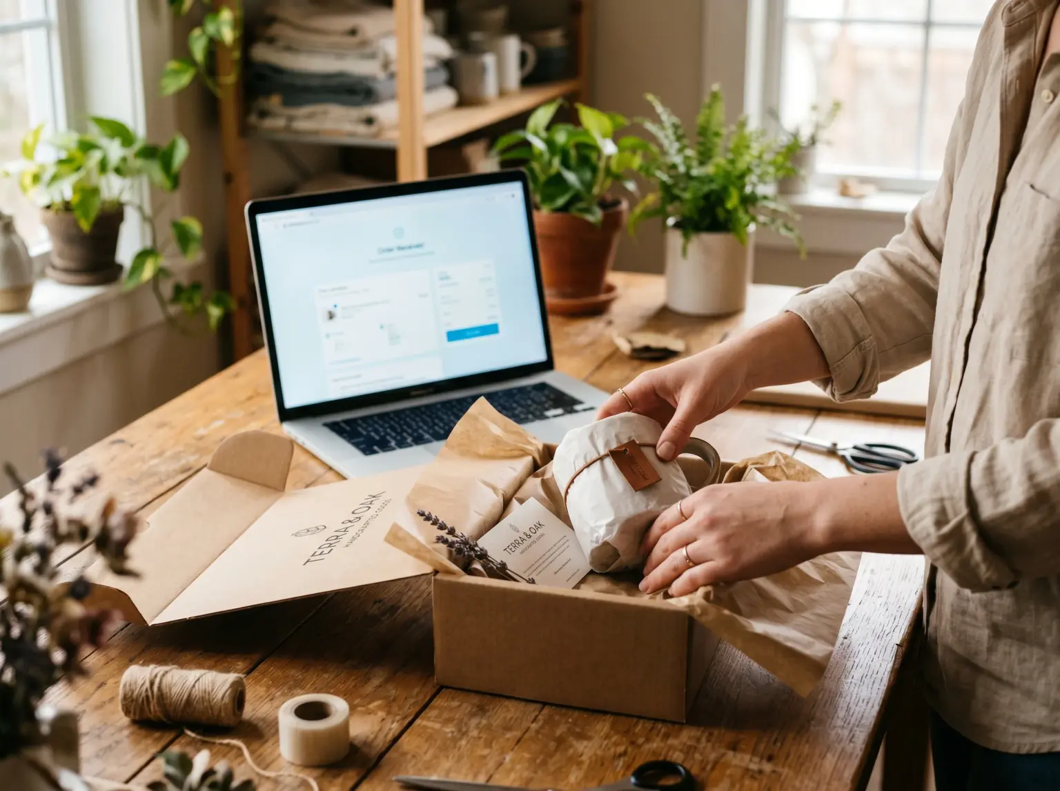Person packing a handmade order beside a laptop showing an order confirmation page