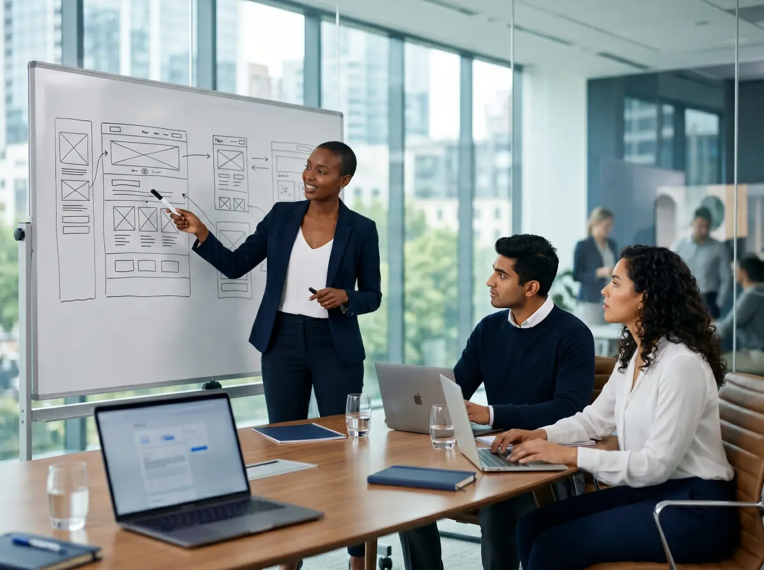 Woman presenting website wireframes on a whiteboard to two colleagues with laptops