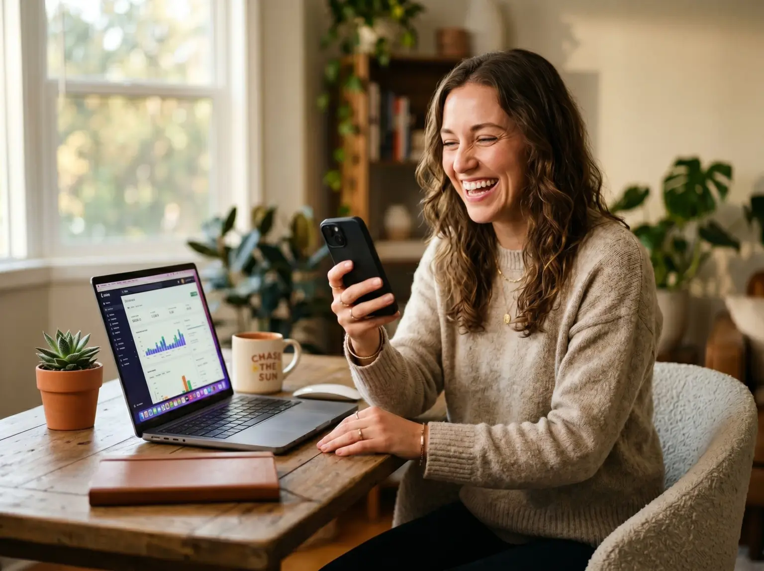 Woman laughing at her phone beside a laptop showing sales charts at a home desk