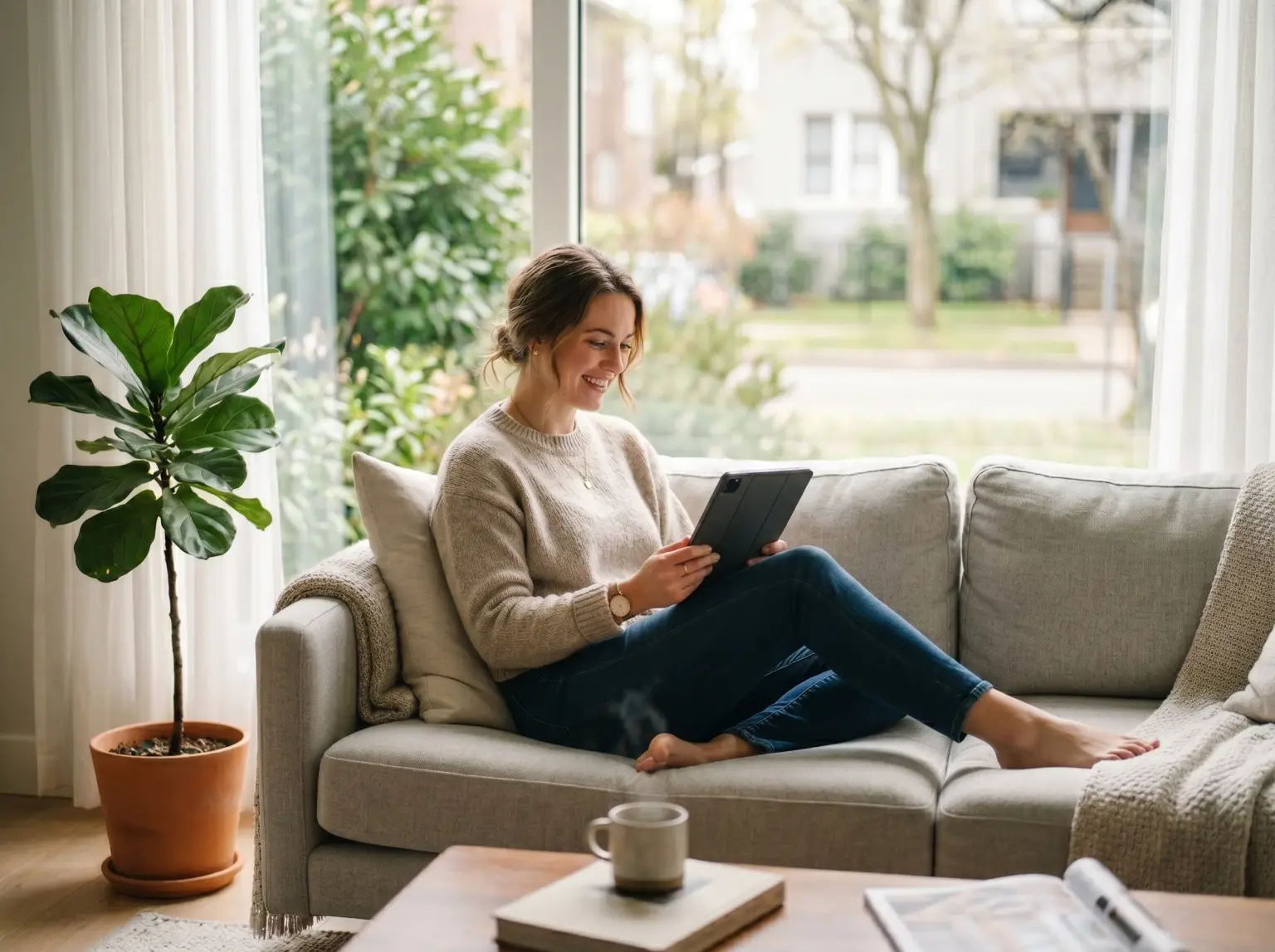 Woman smiling as she browses on a tablet while relaxing on a living room sofa
