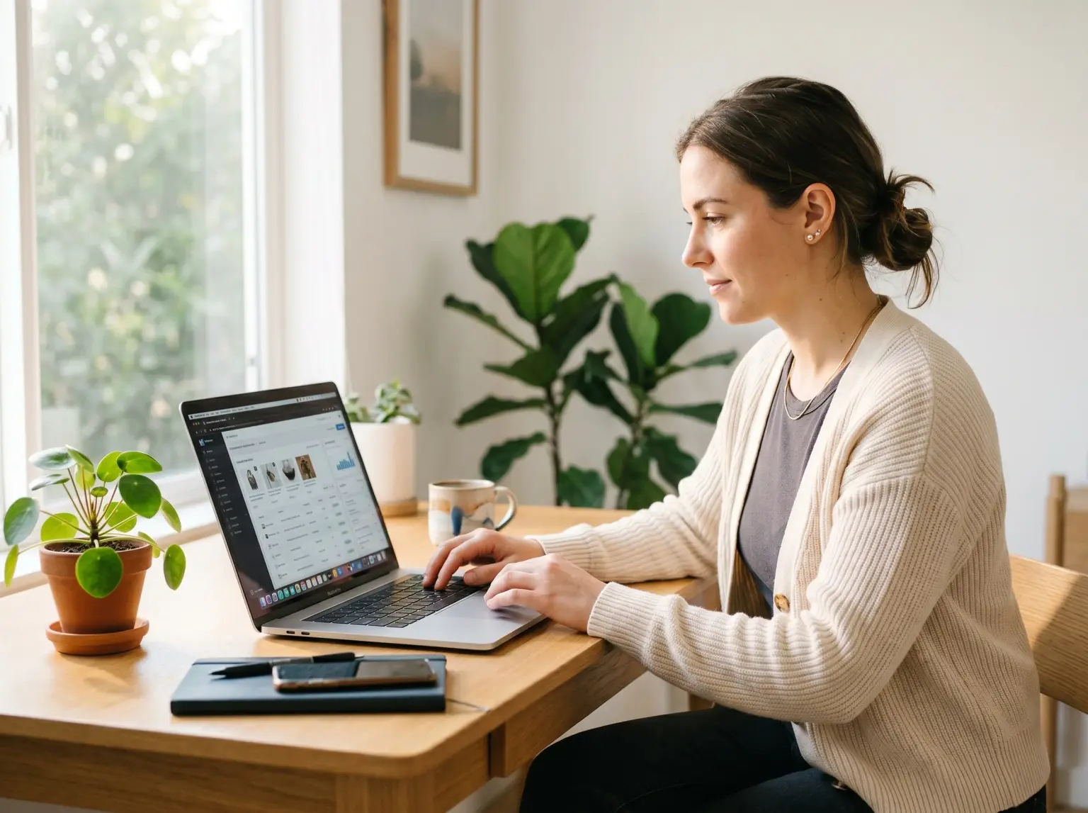 Woman managing an online store's product list on a laptop at a home desk