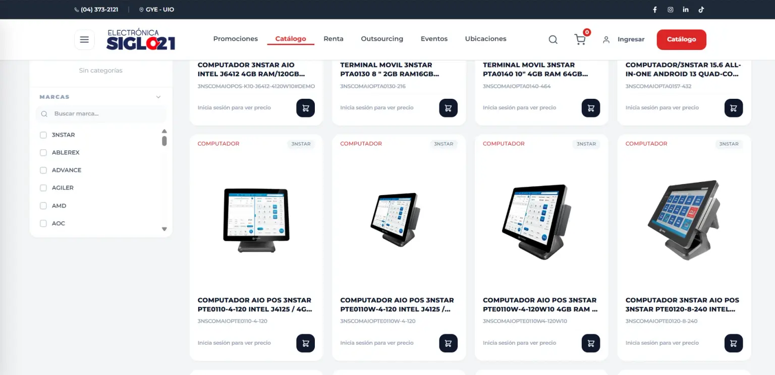 B2B Ecommerce product catalog of POS terminals with brand filters and sign-in-for-price cards