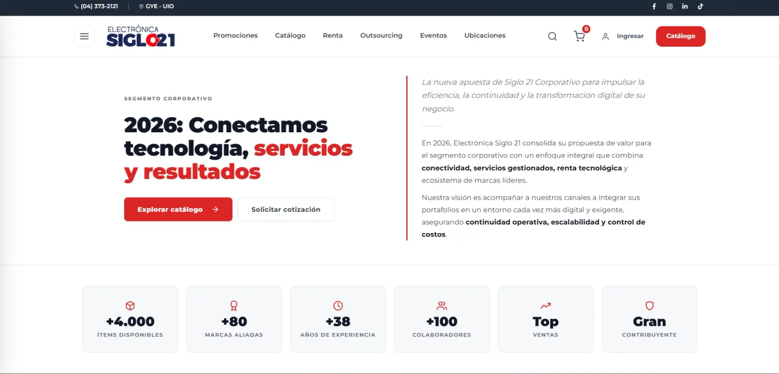 B2B Ecommerce corporate homepage with catalog and quote buttons and company stats