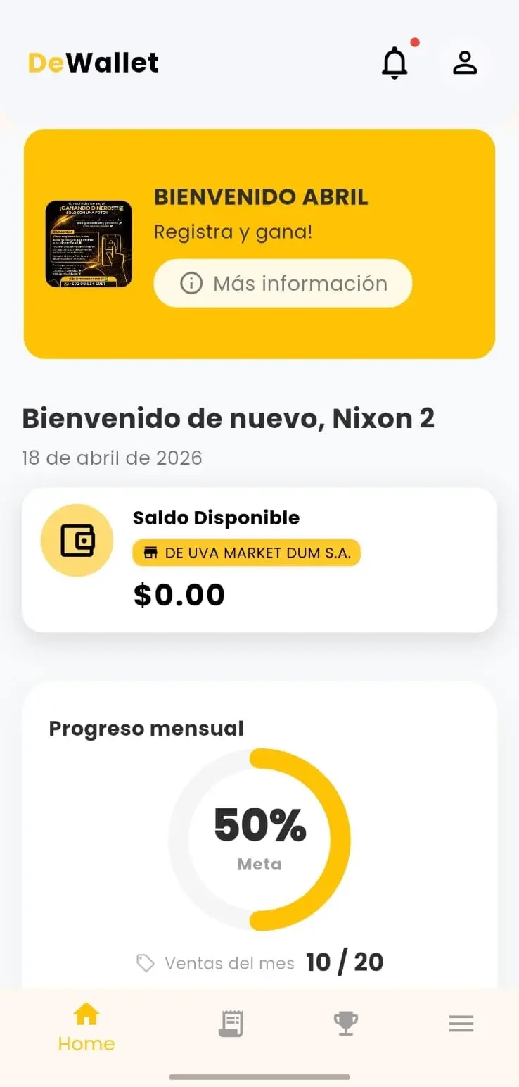 DeWallet app home screen with available balance and a monthly sales goal progress ring