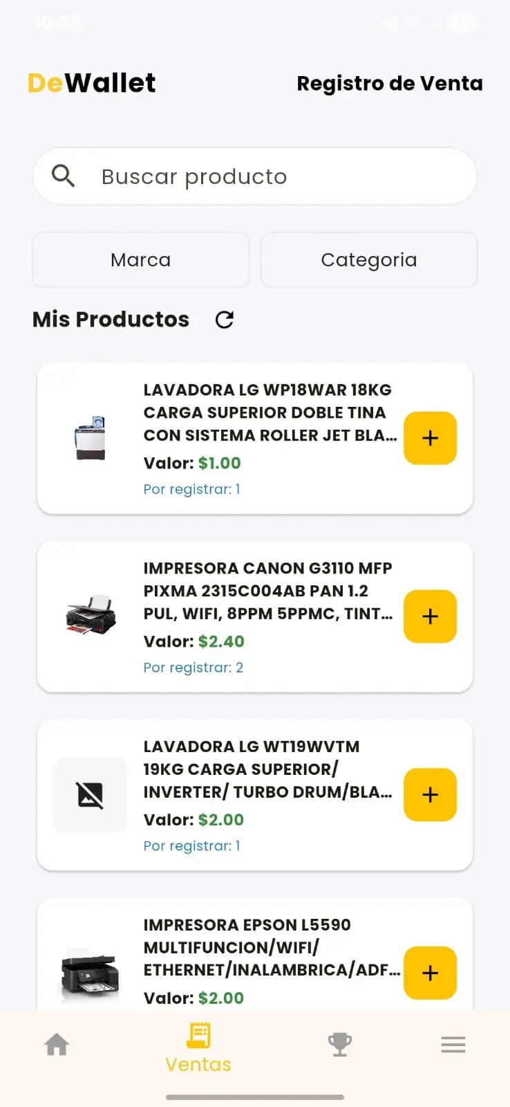 DeWallet app sales-logging screen listing products with point values and add buttons