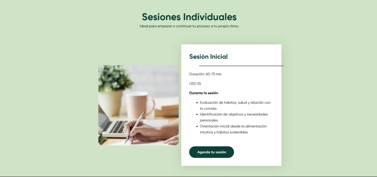 NutriMC Group individual sessions page with an initial session's price, details and booking button