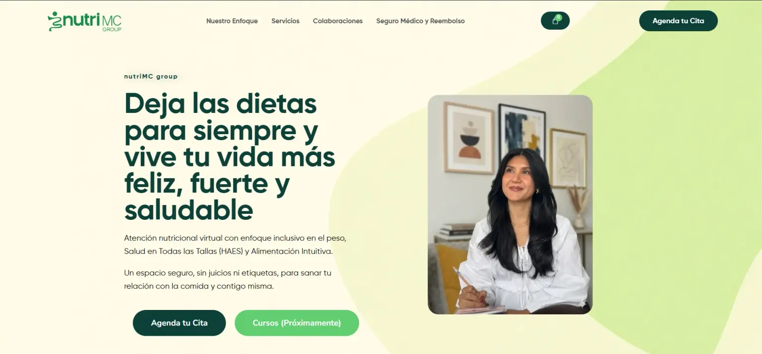 NutriMC Group homepage with a nutritionist portrait and appointment booking buttons