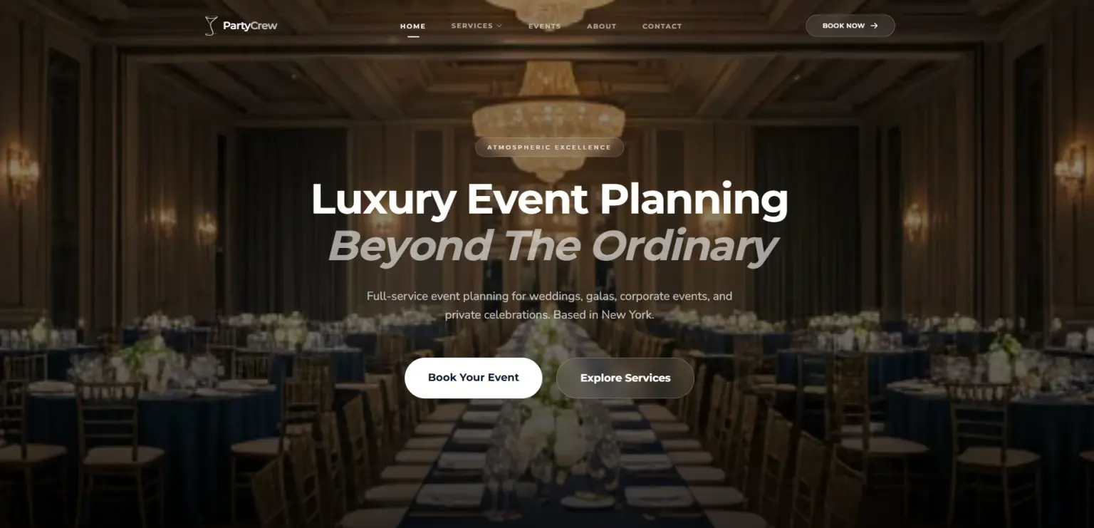 PartyCrew homepage with a luxury event planning headline over a ballroom banquet photo