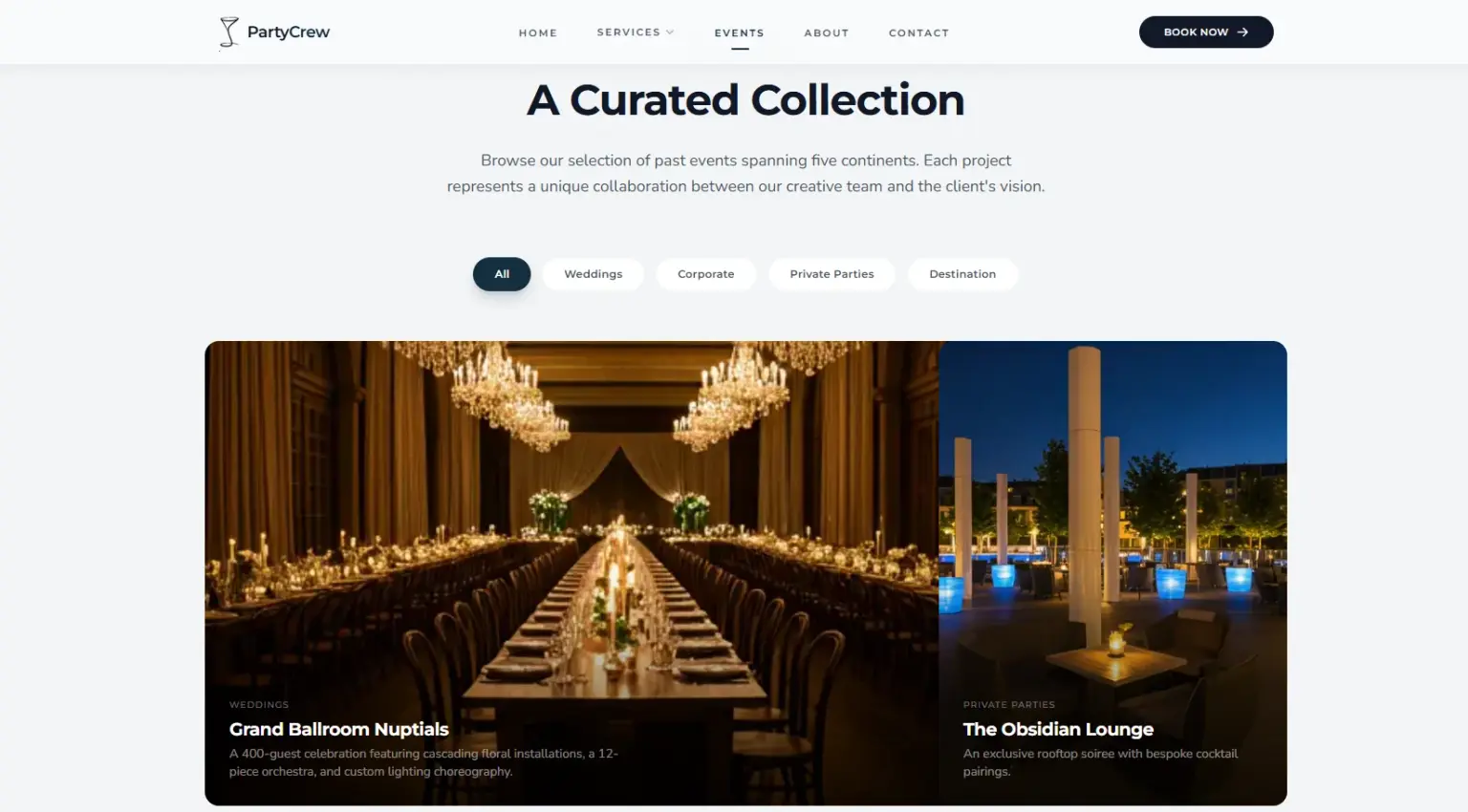 PartyCrew events gallery page with category filters and featured wedding and rooftop event photos