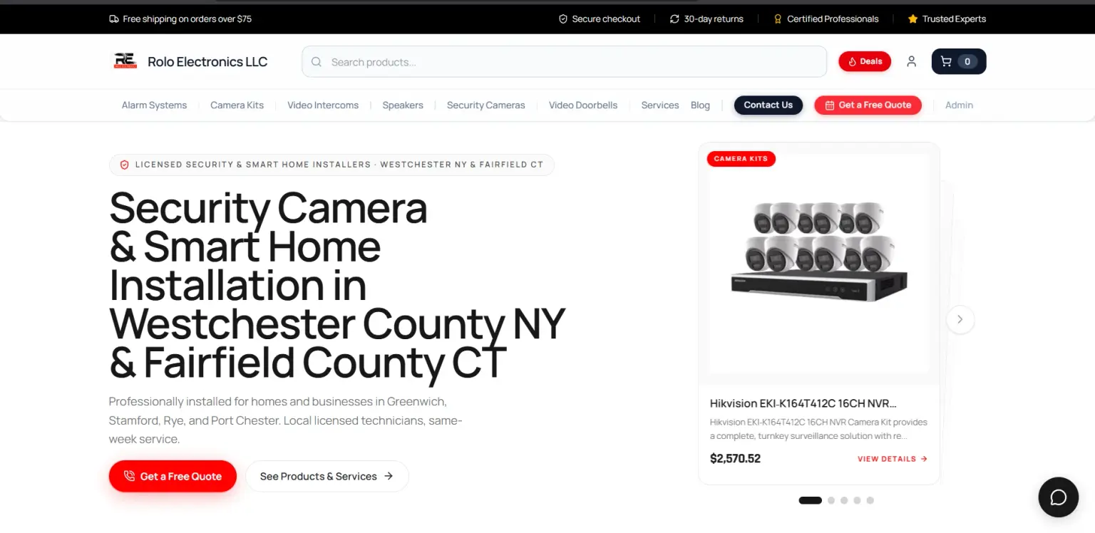 Rolo Electronics homepage with a security camera installation headline and camera kit carousel