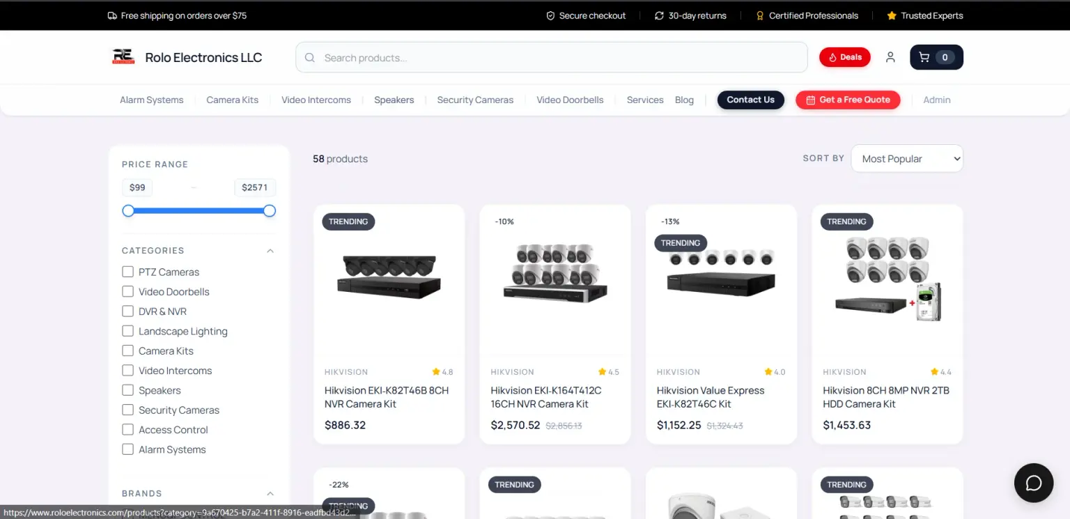 Rolo Electronics online store product listing with security camera kits and price filters