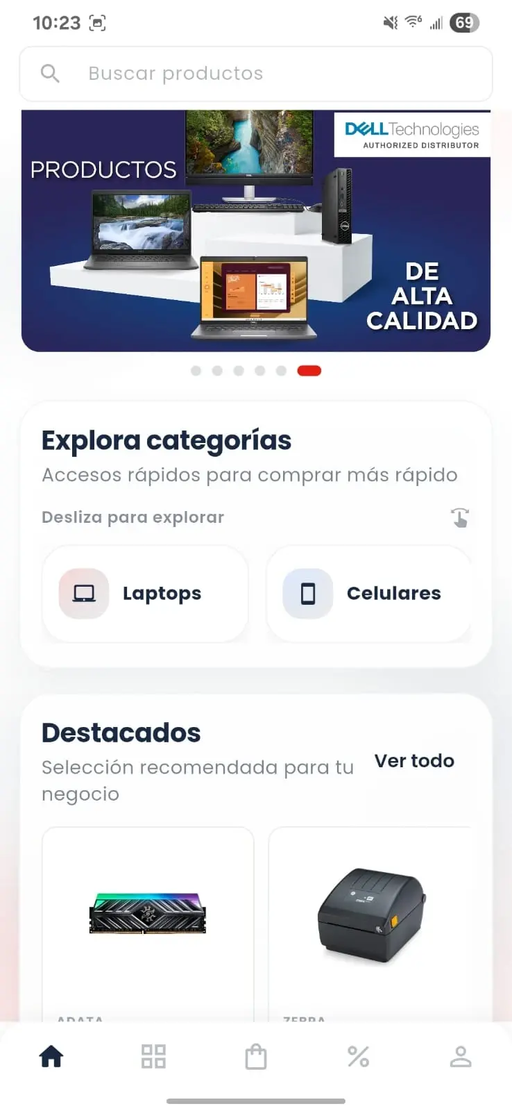 Siglo-21 mobile app home screen with a product banner, category shortcuts and featured items