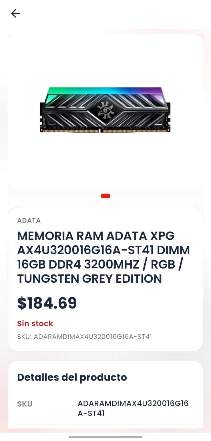 Siglo-21 mobile app product detail screen for a 16GB DDR4 RAM module with price and SKU